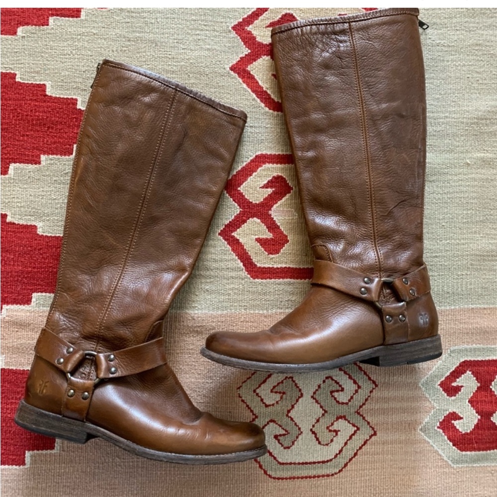 Frye Phillip Harness Boots — Tall, Brown Leather, Size 8.5 EUC